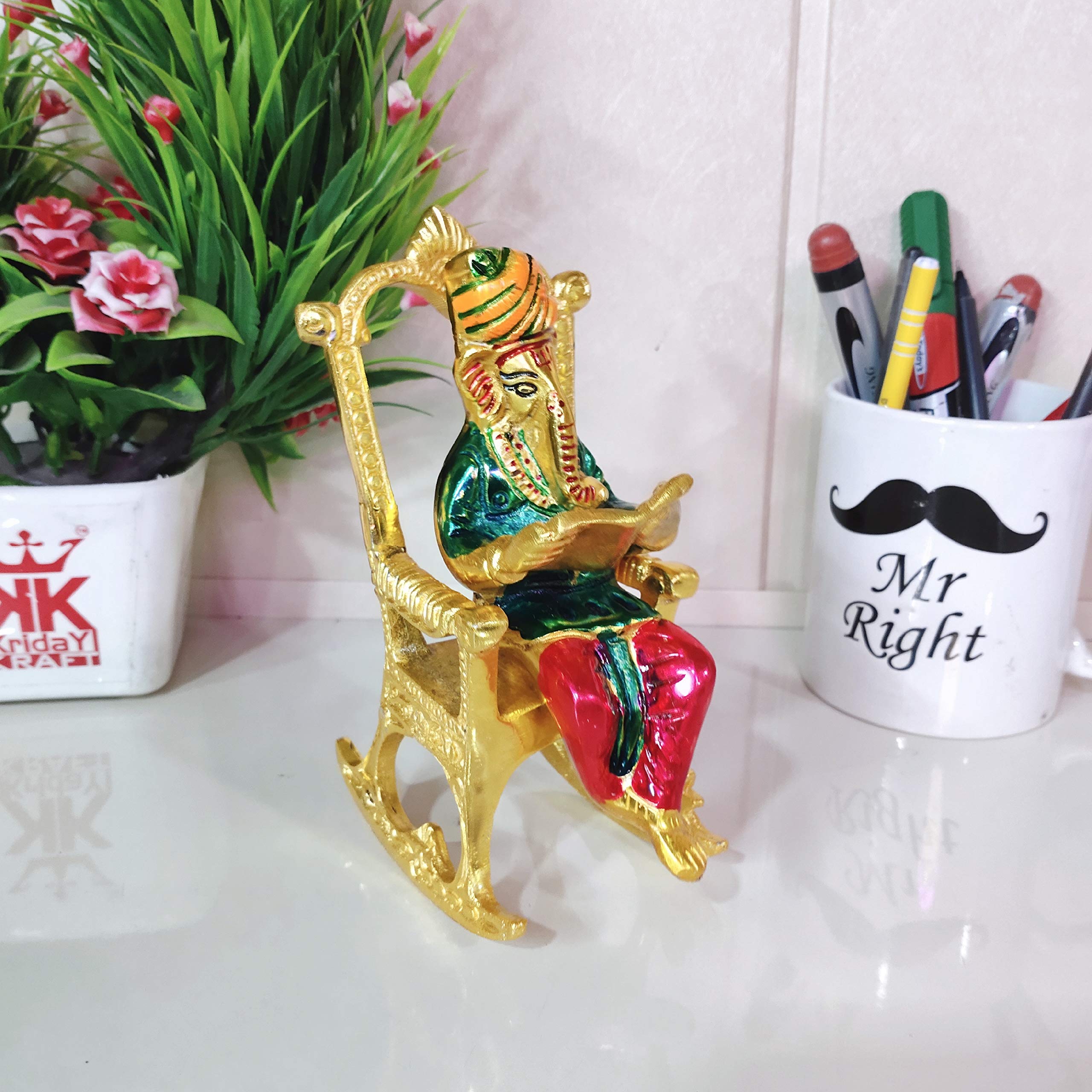 Kridaykraft Metal Chair Ganesh Ji Reading Book With Meenakari Work,Ganesha Metal Statue For Pooja & Home, Office Dcor, Car Dashb